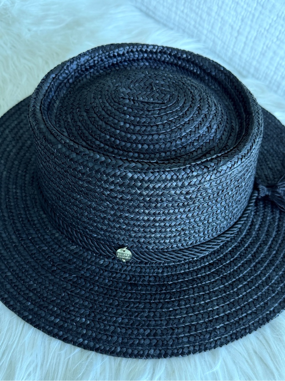 Melissa Odabash Black Straw Boater with Ribbon Accent